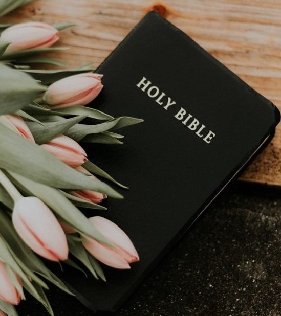 St. John's United Church | A black holy bible with pink tulips on a wooden surface.