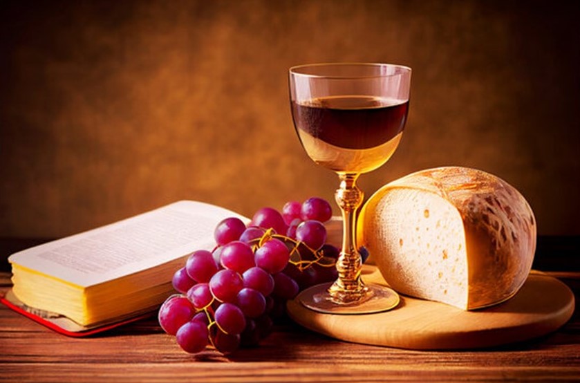 St. John's United Church | A glass of wine, a bunch of grapes, a wheel of cheese, and a book arranged on a wooden table.