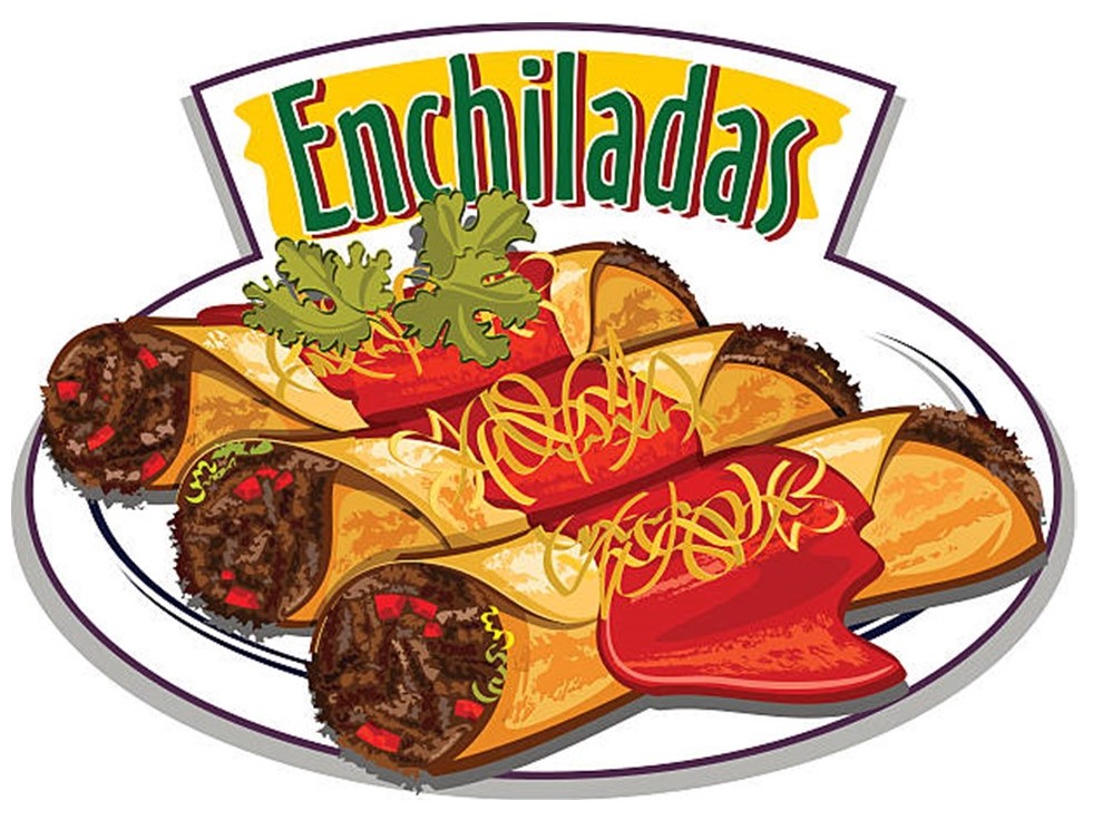 St. John's United Church | Illustration of a plate with beef enchiladas topped with cheese and lettuce, accompanied by the word "enchiladas" in colorful, bold text.