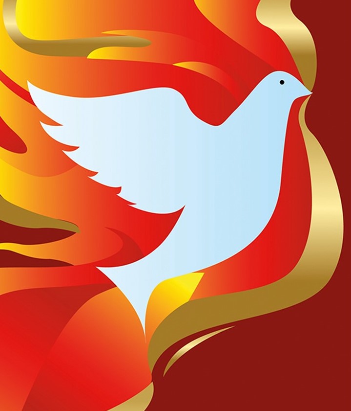 St. John's United Church | White dove silhouette with a stylized fiery red and orange background.