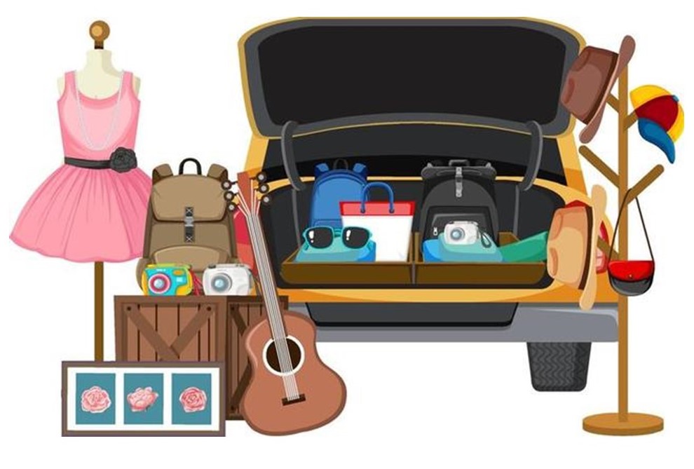 St. John's United Church | Illustration of an open trunk of a car packed with luggage, cameras, a guitar, and travel accessories, with a mannequin wearing a pink dress beside it.