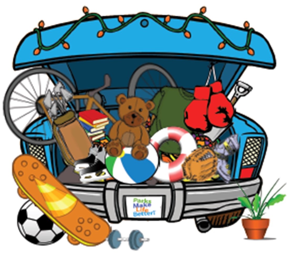 St. John's United Church | Illustration of an overloaded car trunk filled with various items like books, a skateboard, a teddy bear, and sports equipment.