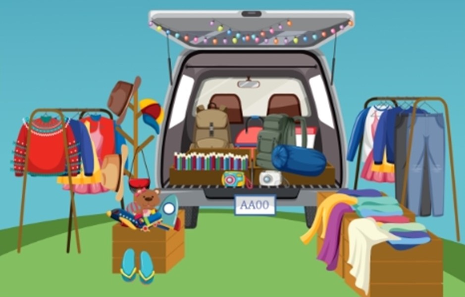 St. John's United Church | Illustration of an open car trunk filled with assorted items like clothes, books, and a camera, suggesting preparation for a trip or an outdoor sale.