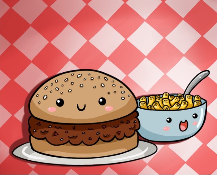 St. John's United Church | A cartoon hamburger with a happy face next to a bowl of smiling macaroni and cheese, set against a red and white checkered background.