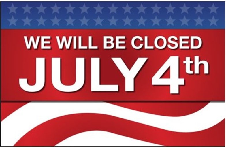 St. John's United Church | A sign with a star-spangled banner background stating, "We will be closed July 4th," with red, white, and blue patriotic colors.