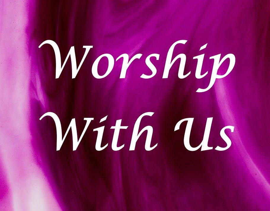 St. John's United Church | Text "Worship With Us" displayed in white script over a purple and pink abstract background.