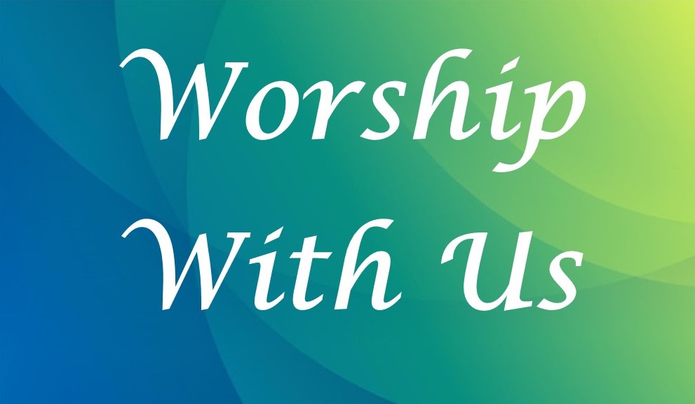 St. John's United Church | Text on a gradient blue and green background reads, "Worship With Us.