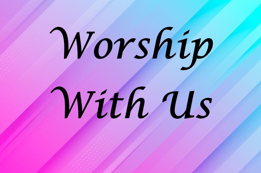 St. John's United Church | Text "Worship With Us" on a gradient background of pink, purple, and blue diagonal lines.