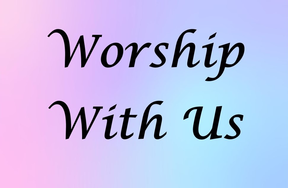 St. John's United Church | Text reading "Worship With Us" in black font over a background with gradient colors from pink to blue.