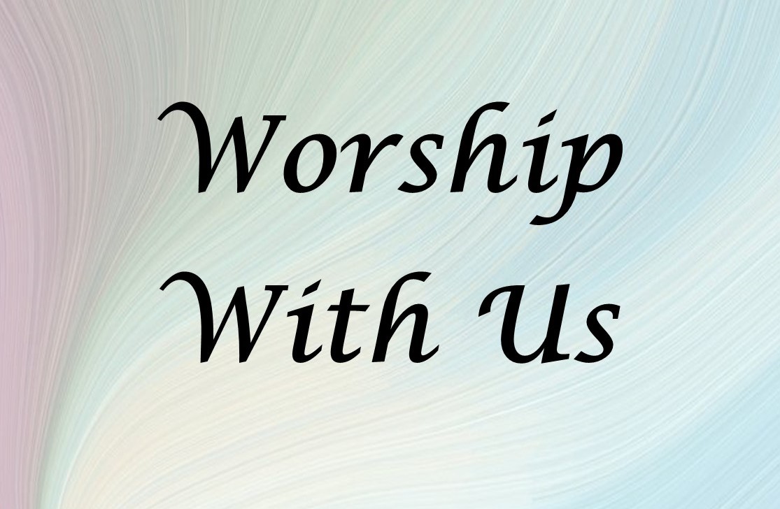 St. John's United Church | Text "Worship With Us" written in black cursive font on a light, pastel-colored abstract background.