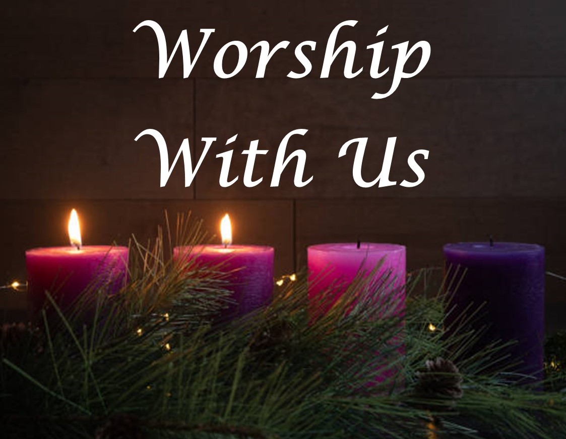 St. John's United Church | Four Advent candles, three purple and one pink, are lit and surrounded by pine greenery and festive lights, with the words "Worship With Us" above them.