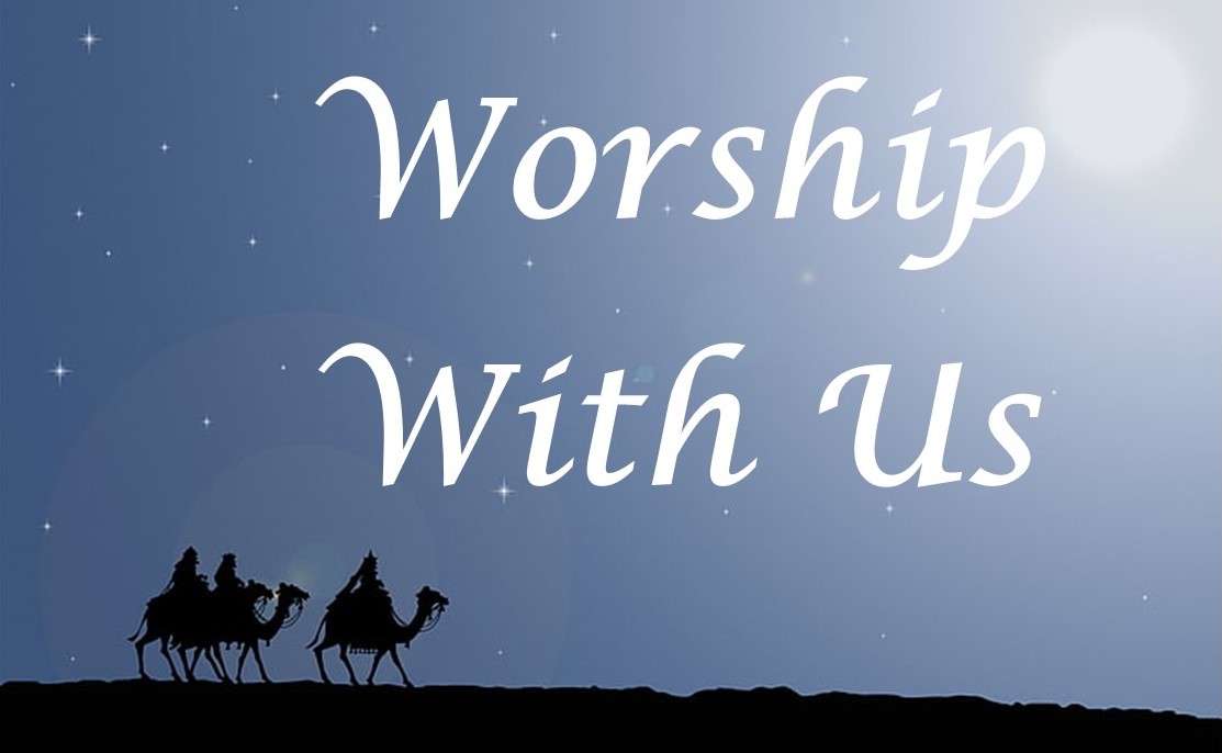 St. John's United Church | Three figures on camels silhouetted against a starry night sky with the text "Worship With Us" prominently displayed.