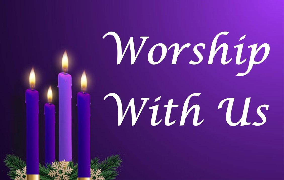 St. John's United Church | Four lit purple candles with green foliage at the base on the left side, accompanied by the text "Worship With Us" on a purple background.