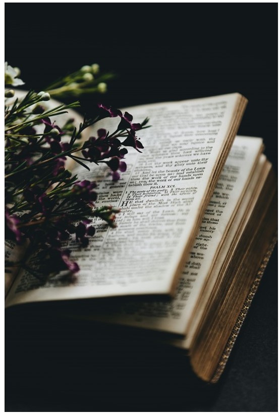 St. John's United Church | An open book with text on both pages lies on a dark surface. Small white and purple flowers are arranged atop the open book.