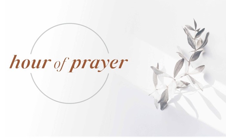 St. John's United Church | Text "hour of prayer" in brown font next to a simple leaf design on a white background.