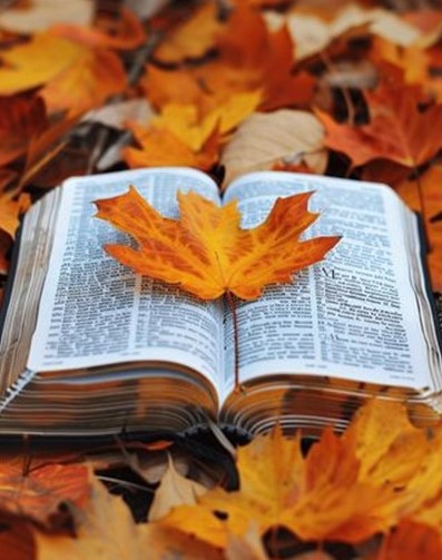 St. John's United Church | An open book is placed on a ground covered with autumn leaves. An orange maple leaf is resting on the book's pages.