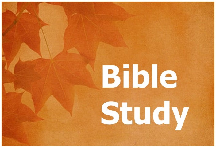 St. John's United Church | The image has an orange-brown background with leaves and the text "Bible Study" in white, centered on the right side.