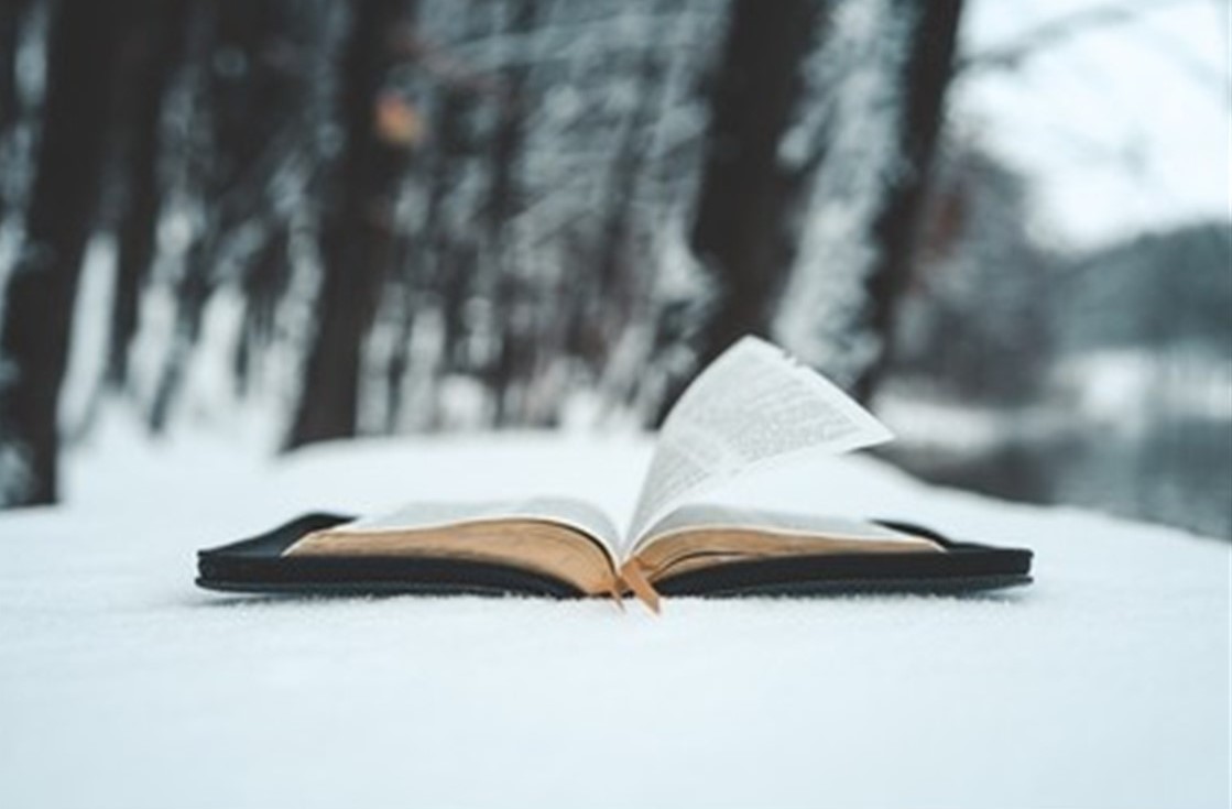 St. John's United Church | An open book with pages turning is placed on snow with blurred trees in the background.