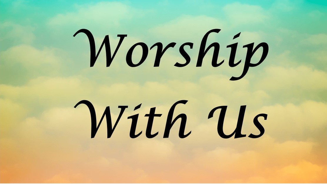 St. John's United Church | Text saying "Worship With Us" over a gradient background of blue, green, yellow, and orange clouds.