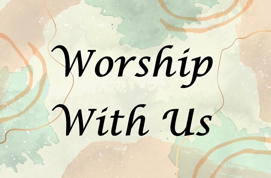 St. John's United Church | Text "Worship With Us" on a patterned background with abstract shapes in green, tan, and peach tones.