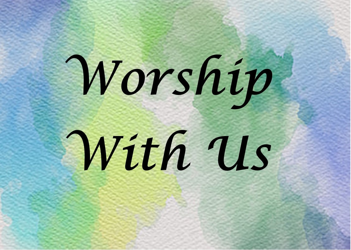 St. John's United Church | Text "Worship With Us" on a watercolor background with shades of green, blue, and yellow.