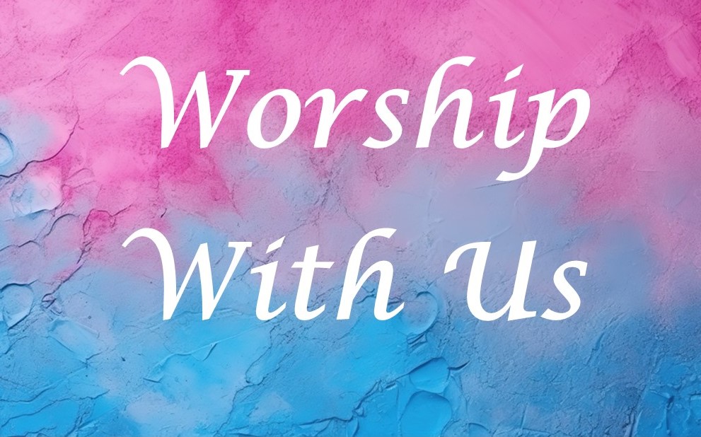 St. John's United Church | Text saying "Worship With Us" over a pink and blue textured background.