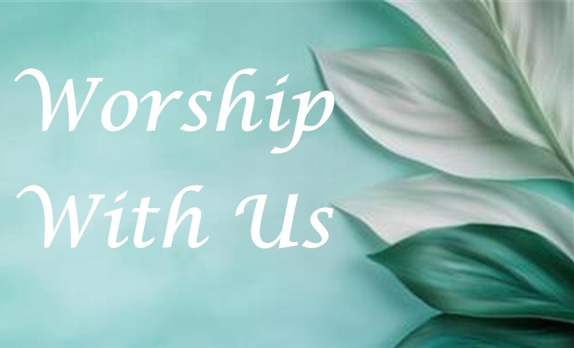 St. John's United Church | Text "Worship With Us" on a teal background with white and green leaves on the right side.