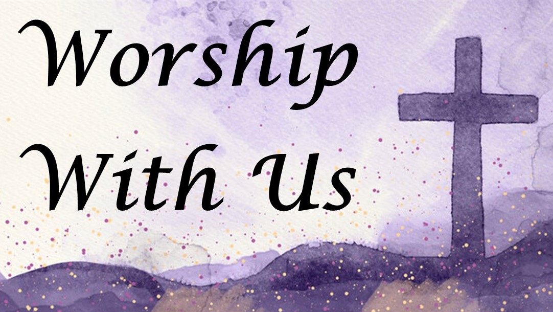 St. John's United Church | Text in watercolor background reads "Worship With Us" next to a cross illustration.