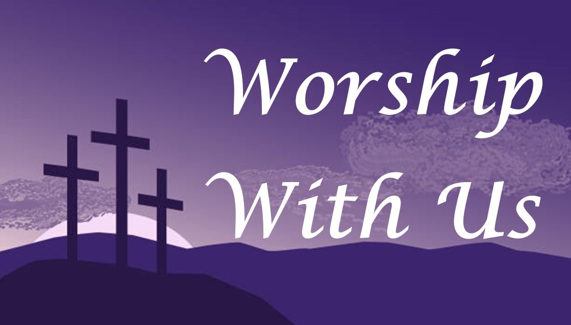 St. John's United Church | Three crosses on a hill with a purple sunset backdrop, accompanied by the text "Worship With Us.