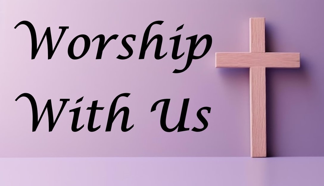 St. John's United Church | Text "Worship With Us" next to a wooden cross on a light purple background.