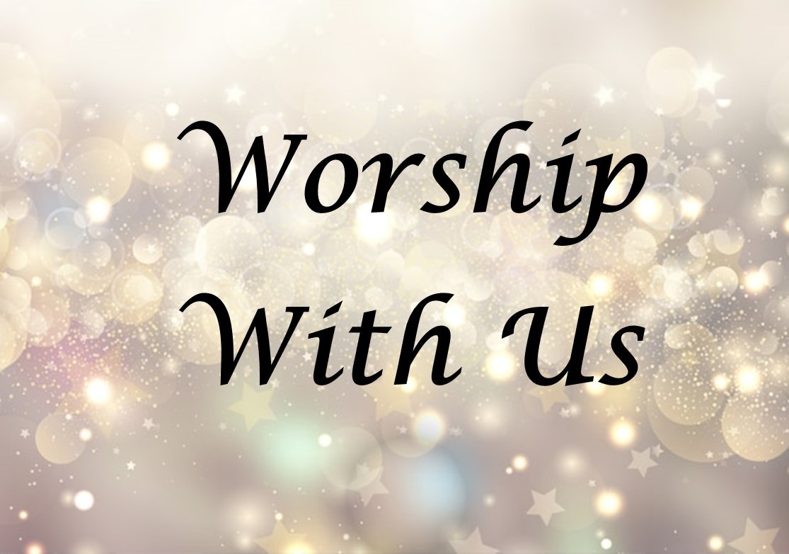 St. John's United Church | Text "Worship With Us" on a sparkling, bokeh background with light circles and star shapes.