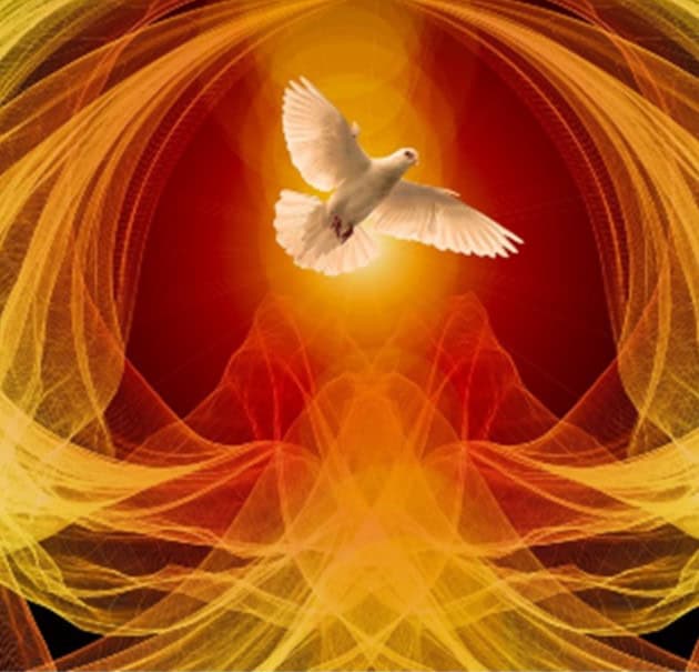 St. John's United Church | A white dove with outstretched wings flies in front of a bright, glowing light, surrounded by swirling yellow and orange abstract patterns.