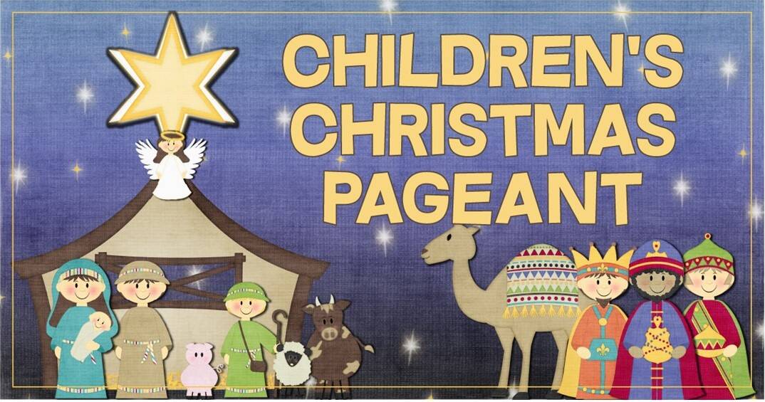 St. John's United Church | Illustration of a nativity scene with children dressed as biblical figures, animals, and a star, next to large text reading "Children's Christmas Pageant.