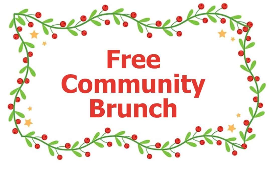 St. John's United Church | A decorative border with red berries and stars surrounds the bold red text, “Free Community Brunch,” on a white background.