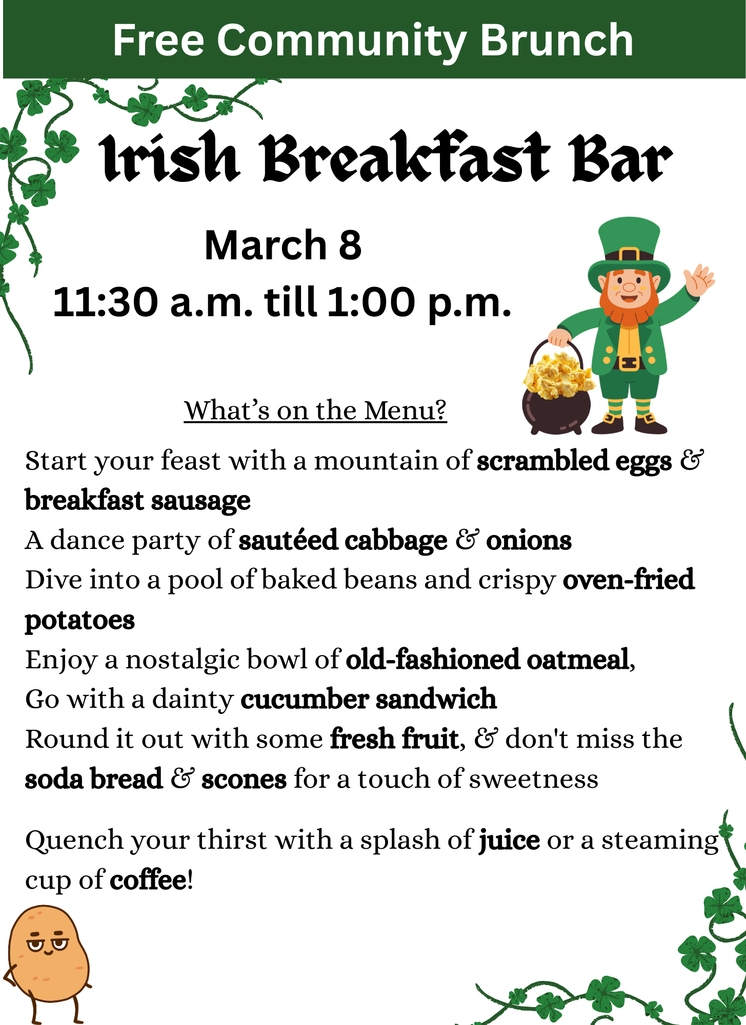 St. John's United Church | A flyer for a Free Community Brunch titled "Irish Breakfast Bar" on March 8, 11:30 a.m.–1:00 p.m., listing various traditional Irish breakfast foods.