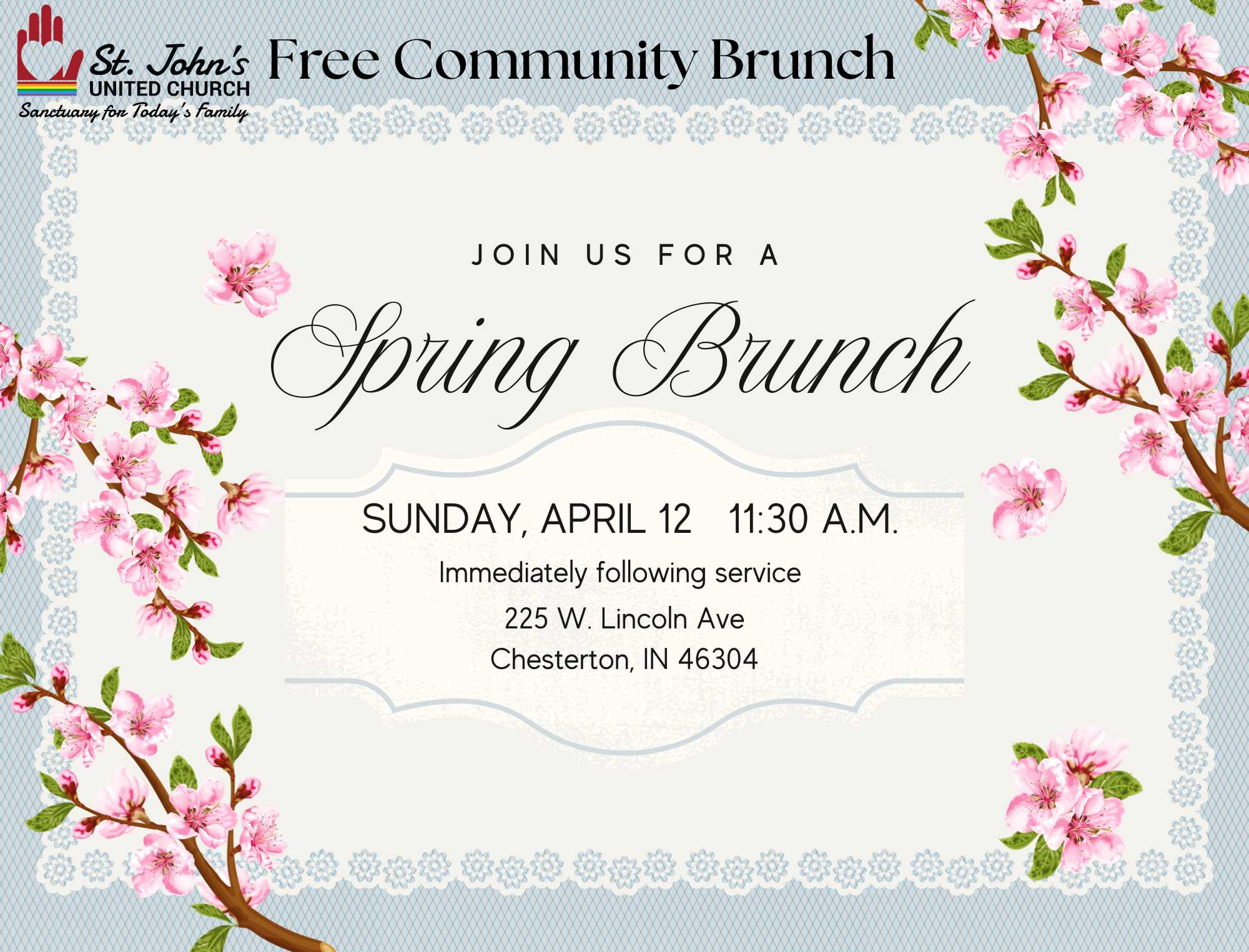 St. John's United Church | Spring brunch invitation from St. John’s United Church on April 12 at 11:30 a.m. in Chesterton, IN, with cherry blossom decorations.