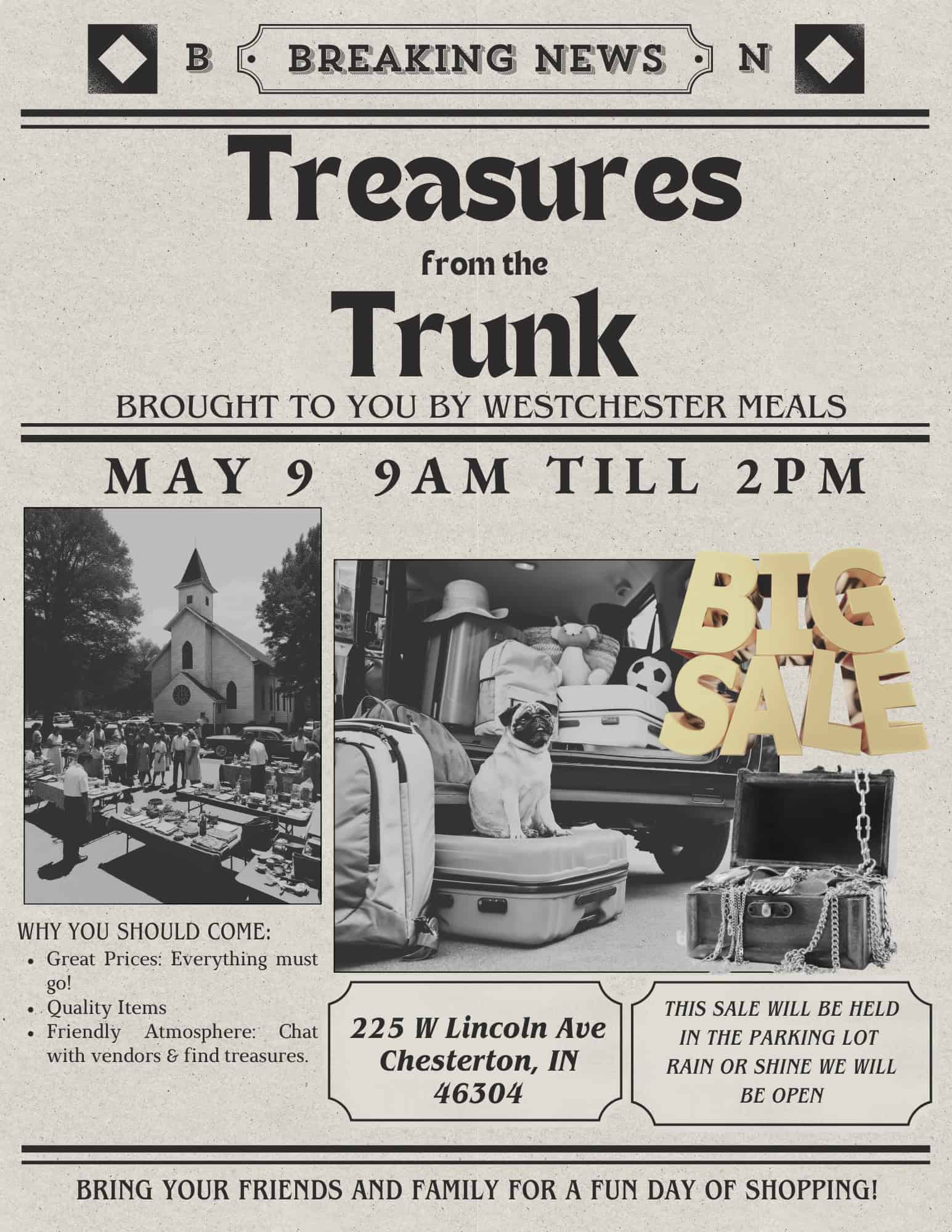St. John's United Church | Black and white flyer for “Treasures from the Trunk” sale on May 9, 9 AM–2 PM at 225 W Lincoln Ave, Chesterton, IN, with vintage photos, event details, and “BIG SALE” text.