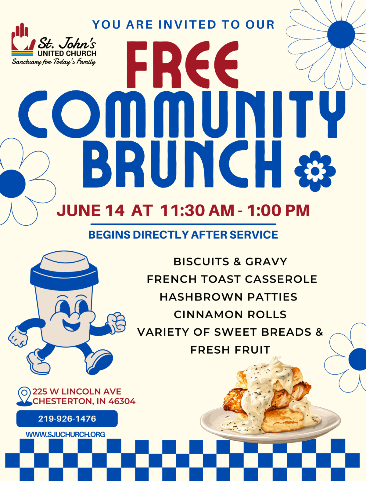 St. John's United Church | Flyer advertising a free community brunch at St. John’s United Church on June 14, 11:30 AM–1:00 PM, featuring breakfast foods and fresh fruit. Address and contact info included.