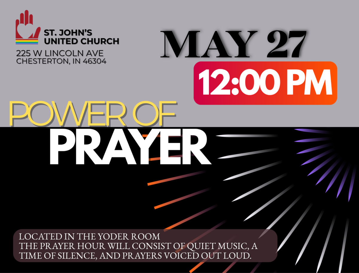 St. John's United Church | A flyer for a St. John’s United Church prayer event on May 27 at 12:00 PM, featuring event details, location, and a graphic with colorful rays.