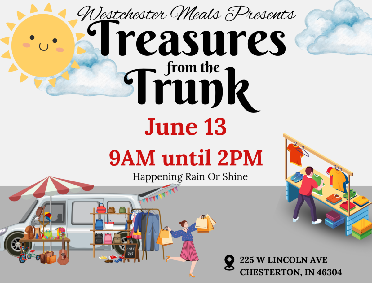 St. John's United Church | Event flyer for "Treasures from the Trunk" on June 13, 9AM-2PM at 225 W Lincoln Ave, Chesterton, IN, with graphics of a sun, clouds, and people shopping from car trunks.