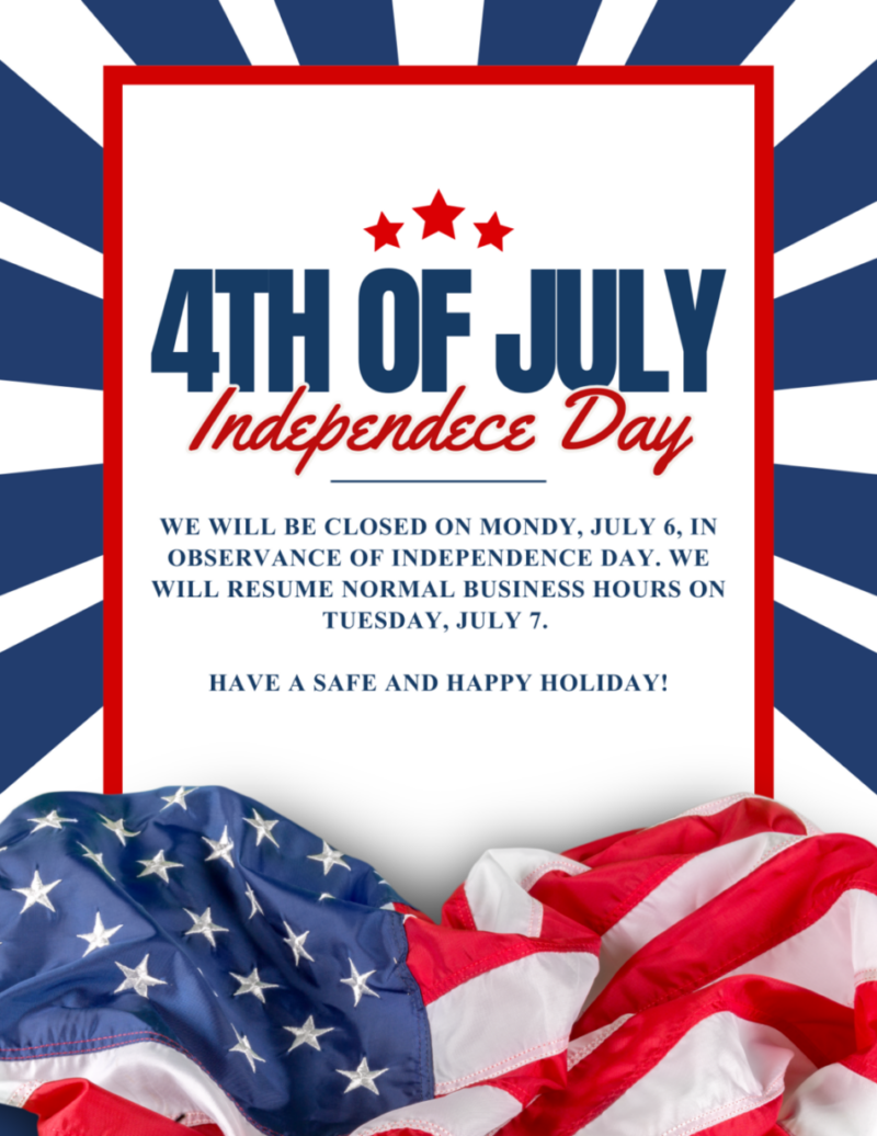 St. John's United Church | 4th of July Independence Day notice with stars and an American flag, announcing closure on July 6 and resumption of normal business hours on July 7.