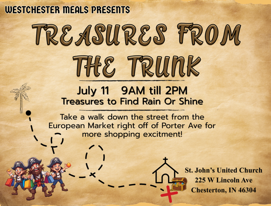 St. John's United Church | Event flyer with pirate theme for "Treasures From The Trunk," July 11, 9AM-2PM at St. John’s United Church, Chesterton, IN. Includes a treasure map, pirate clipart, and event details.