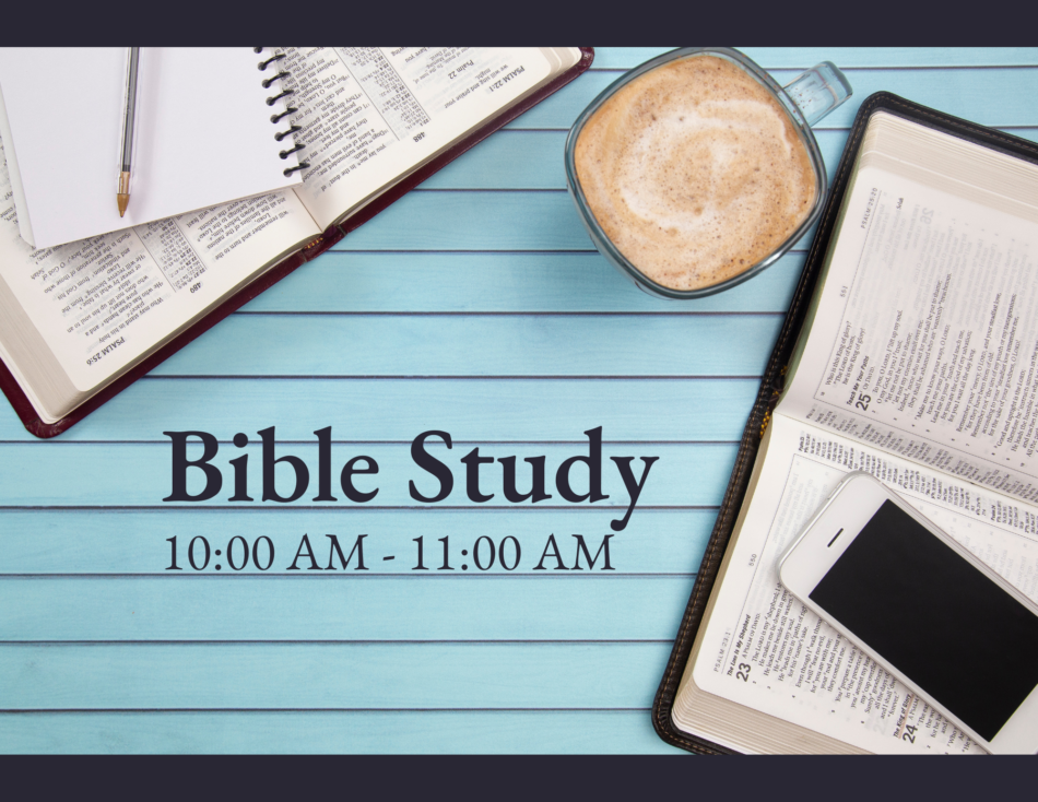 St. John's United Church | Open Bibles, notebook, pen, coffee cup, and smartphone on a blue wooden table with text reading “Bible Study 10:00 AM - 11:00 AM.”.
