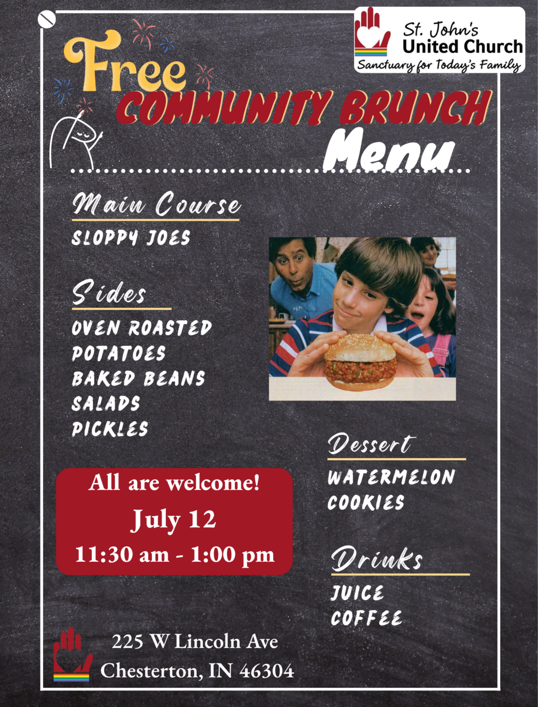 St. John's United Church | Flyer for St. John's United Church Free Community Brunch on July 12, 11:30 am–1:00 pm; menu includes sloppy joes, sides, cookies, drinks; event address listed.
