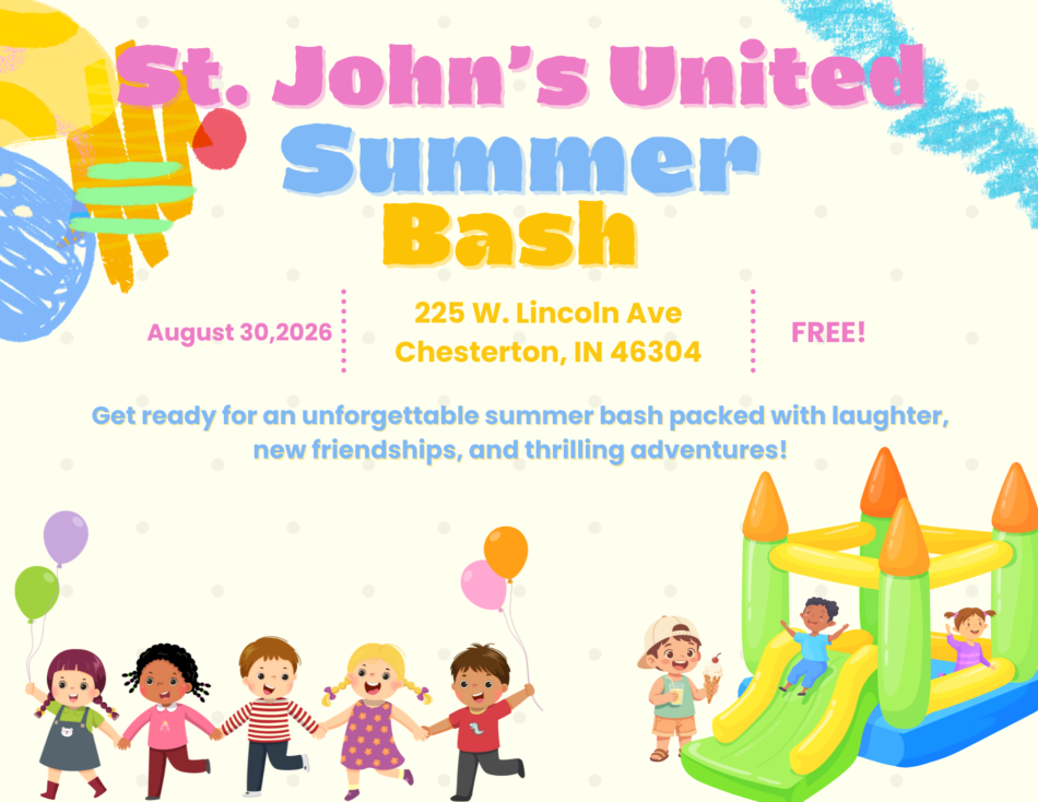 St. John's United Church | St. John’s United Summer Bash flyer with event details, cartoon children holding balloons, and a bounce house illustration.