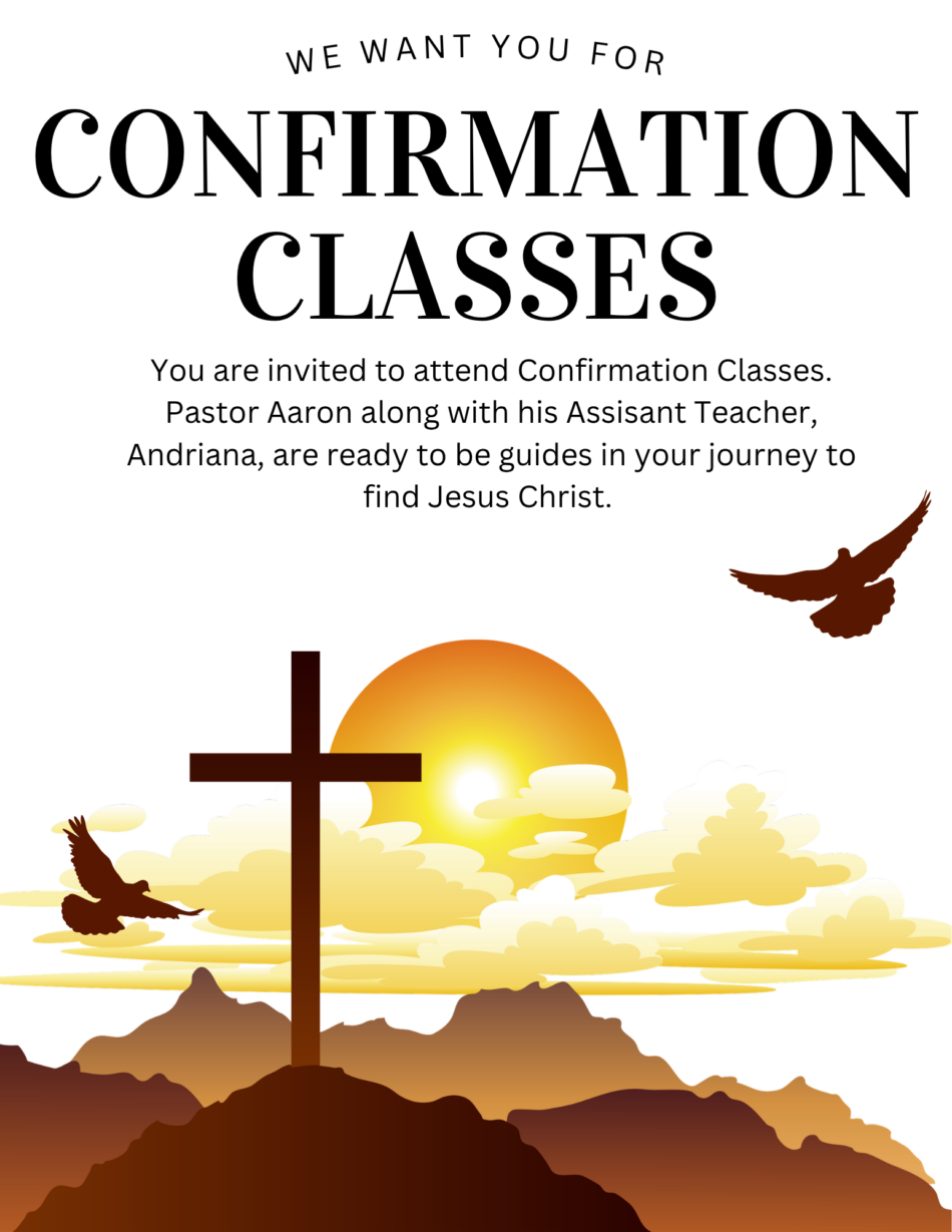St. John's United Church | Illustration of a cross on a hill at sunrise with two flying birds, advertising Confirmation Classes with Pastor Aaron and Assistant Teacher Andriana.