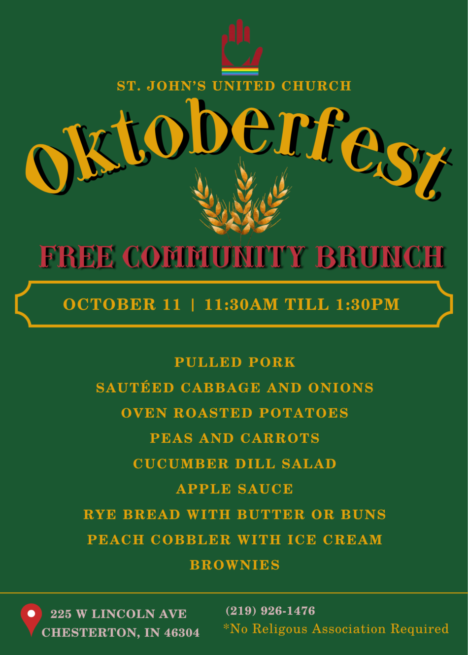 St. John's United Church | Oktoberfest community brunch flyer listing event details, date, time, location, and menu items on a green background with yellow and red text.
