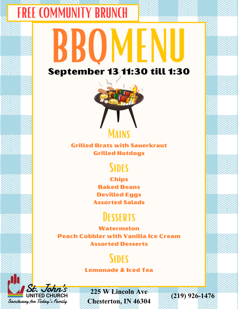 St. John's United Church | BBQ menu flyer listing mains, sides, desserts, drinks, and event details for a free community brunch at St. John’s United Church on September 13 from 11:30 to 1:30.