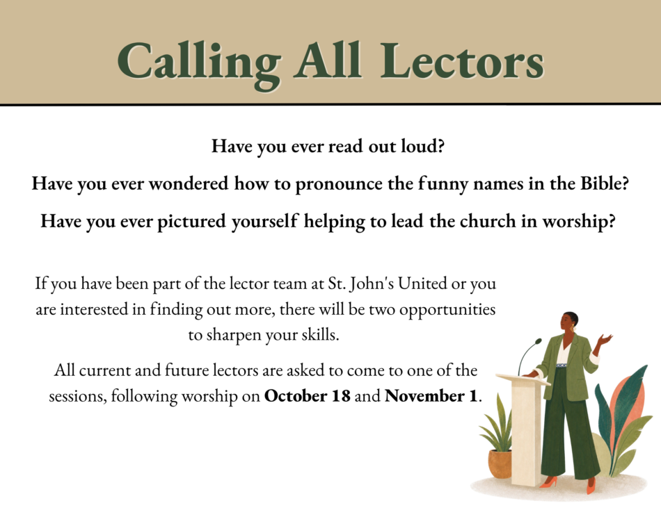 St. John's United Church | Announcement for St. John’s United lector training sessions on October 18 and November 1, featuring an illustration of a woman at a podium.