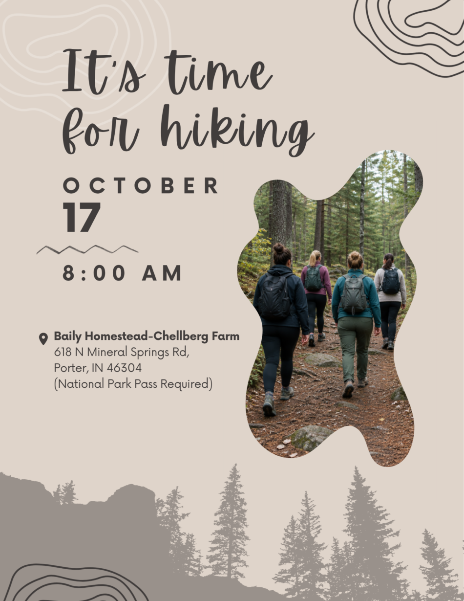 St. John's United Church | Event poster for a hike on October 17 at 8:00 AM at Baily Homestead-Chellberg Farm in Porter, Indiana. A photo insert shows four people hiking on a wooded trail. A National Park pass is required.